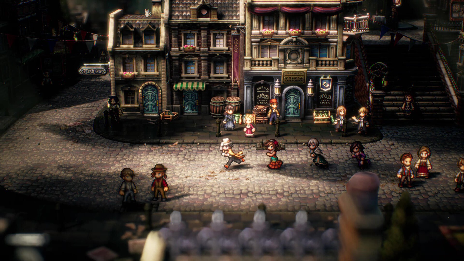 A party of travelers walks through an HD-2D town square in Octopath Traveler II