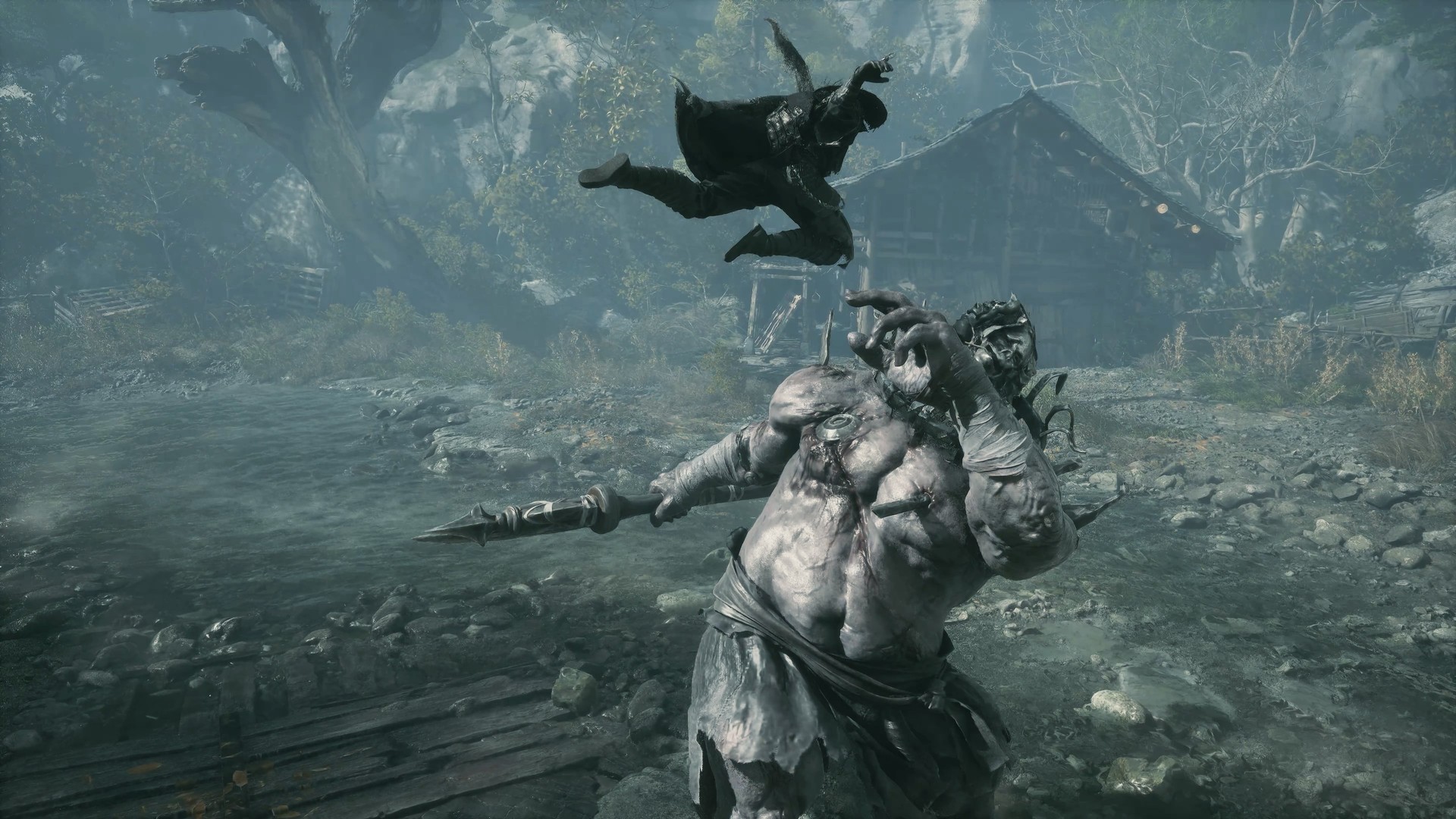 Soul leaping at a giant brute in Phantom Blade Zero