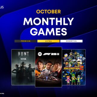 PlayStation Plus October Monthly Games key art for Hunt: Showdown 1896, F1 25, and Earth Defense Force: World Brothers 2