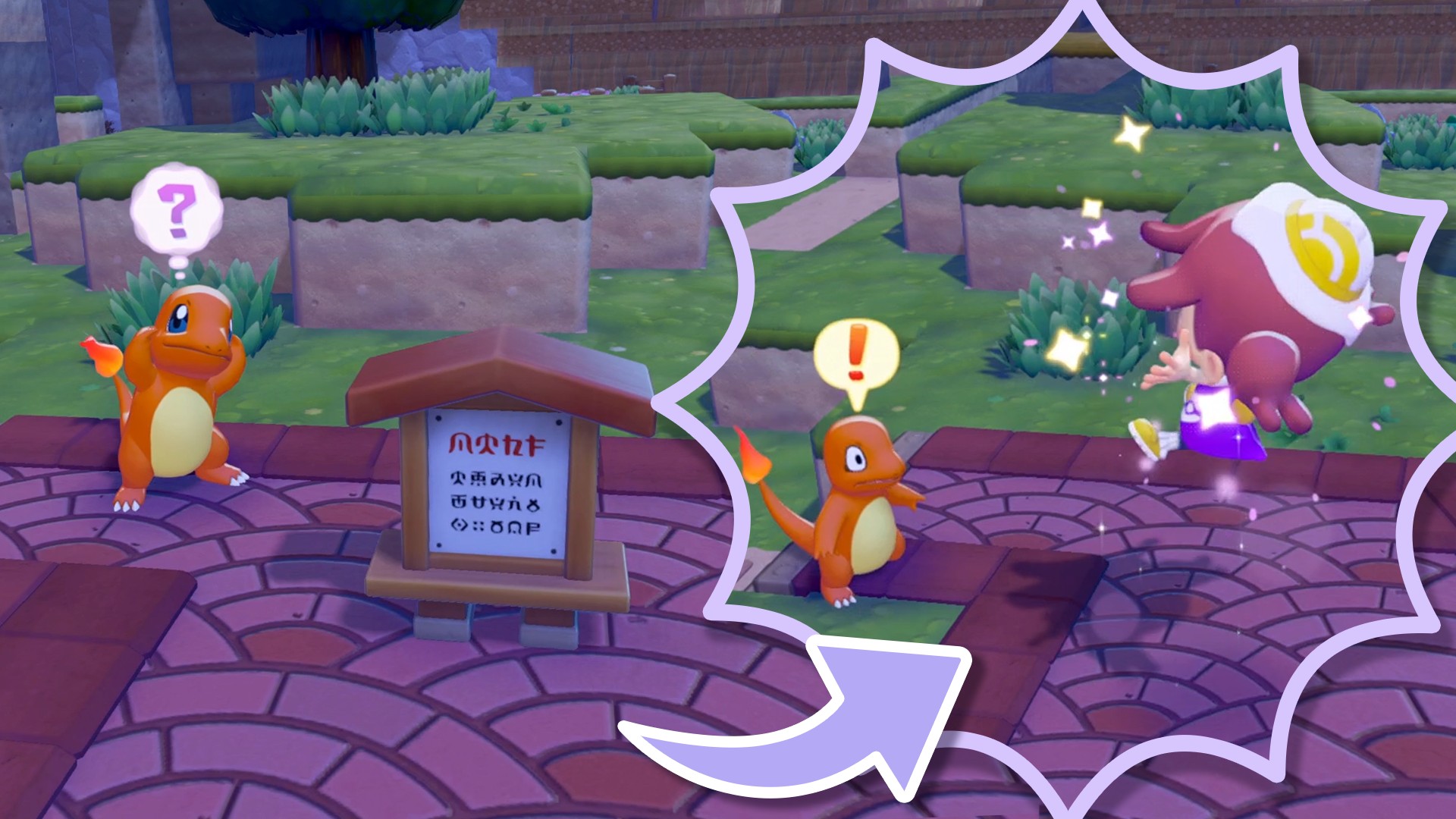 Ditto uses Camouflage to surprise a Charmander in Pokémon Pokopia's Pumpkaboo event