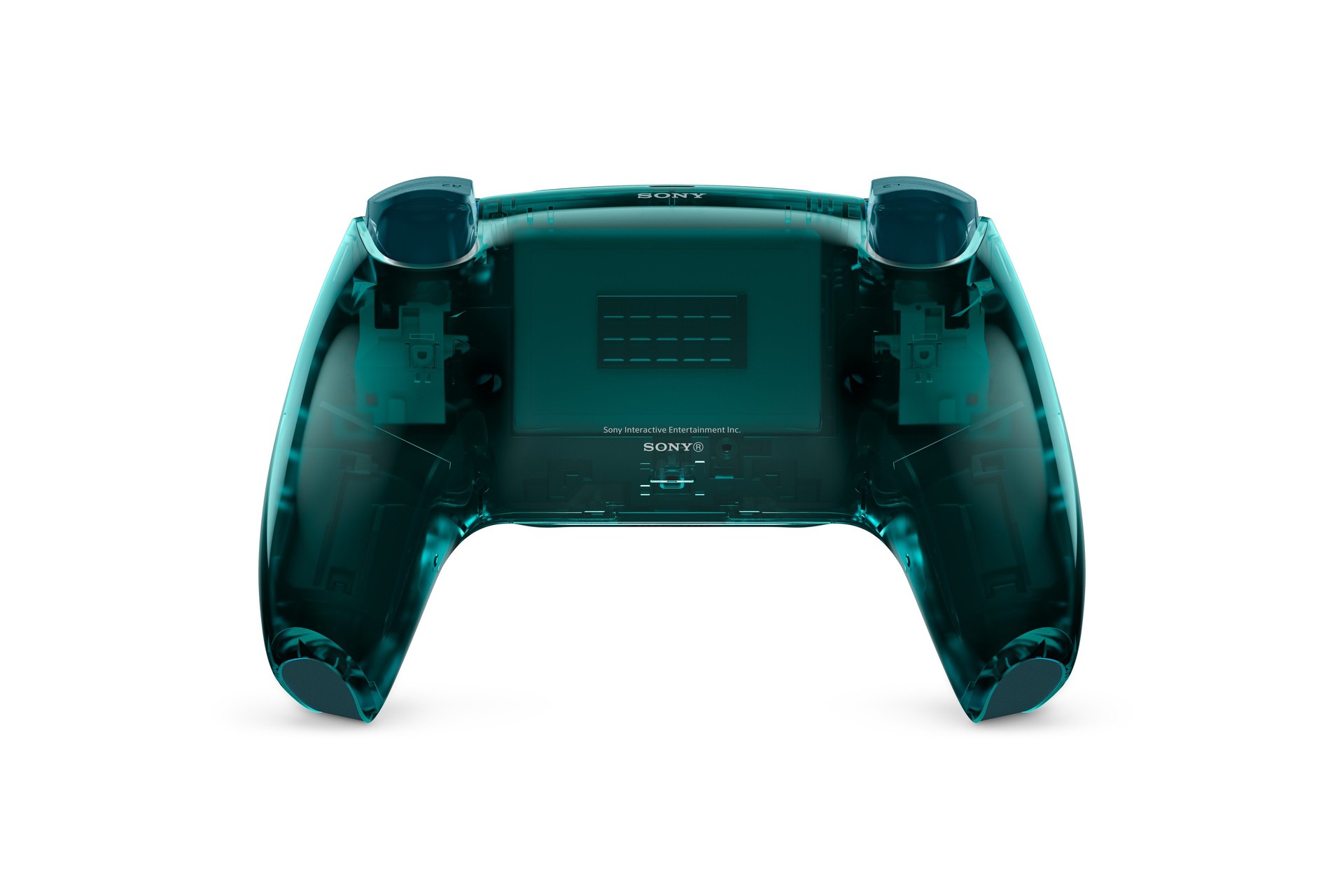 The back of an Emerald Green transparent DualSense with the internals visible through the shell