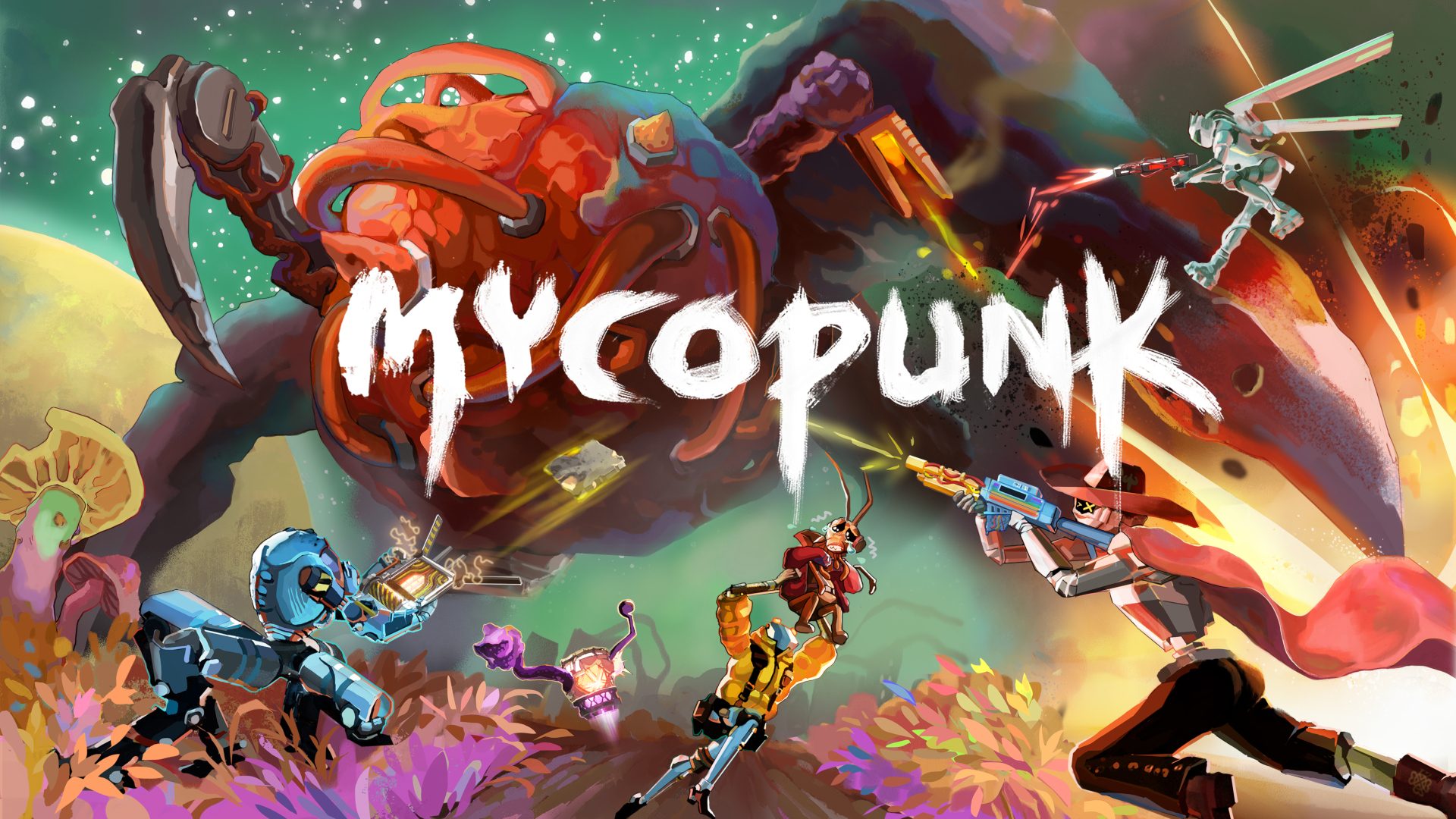 Mycopunk key art with robot crew fighting a giant fungal creature