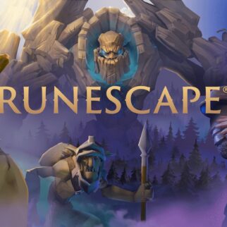 RuneScape key art with the RuneScape logo, a golem, a wizard and armored heroes
