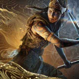 Senua key art showing Senua holding a sword and an axe against swirling gold patterns