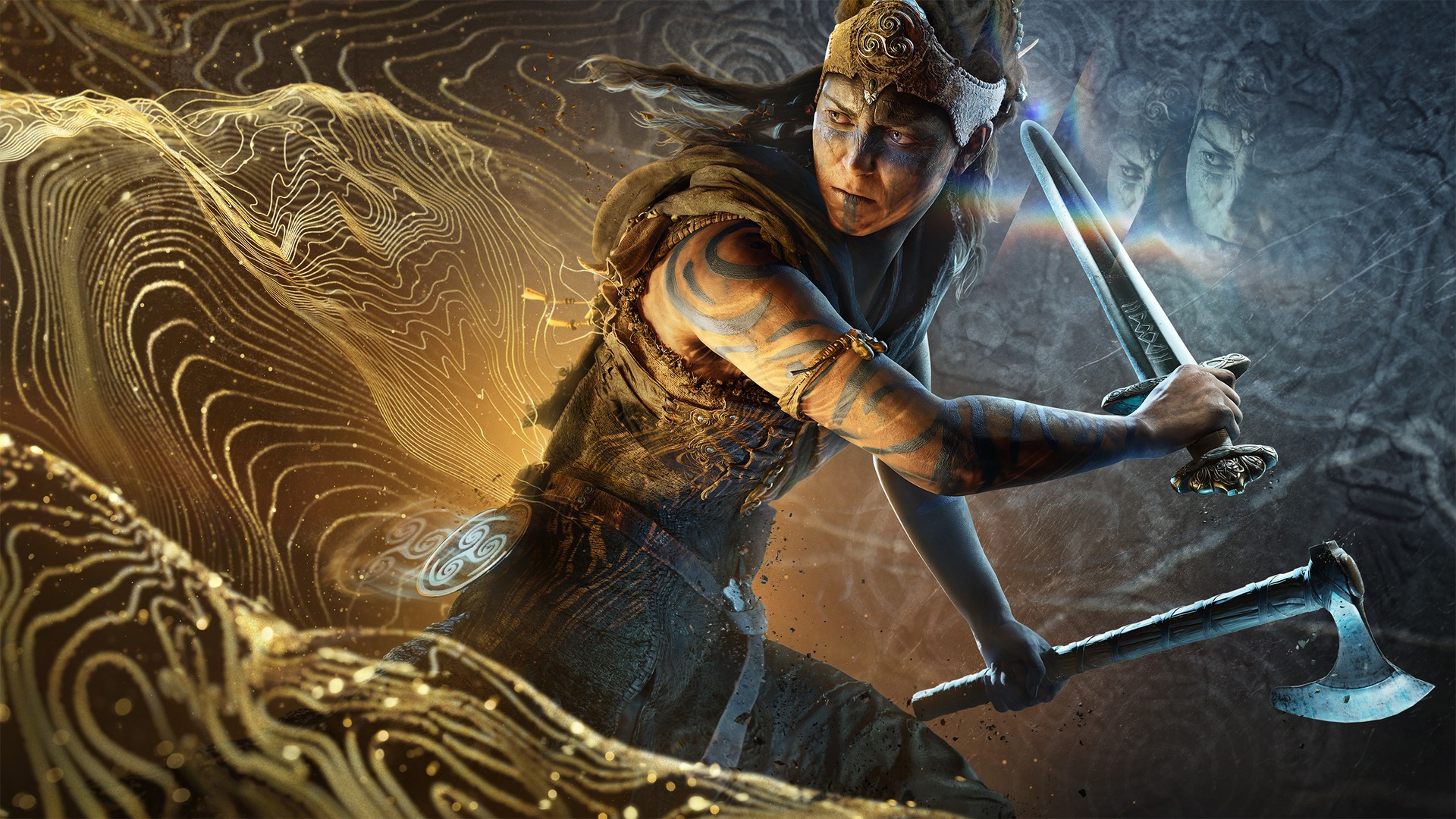 Senua key art showing Senua holding a sword and an axe against swirling gold patterns