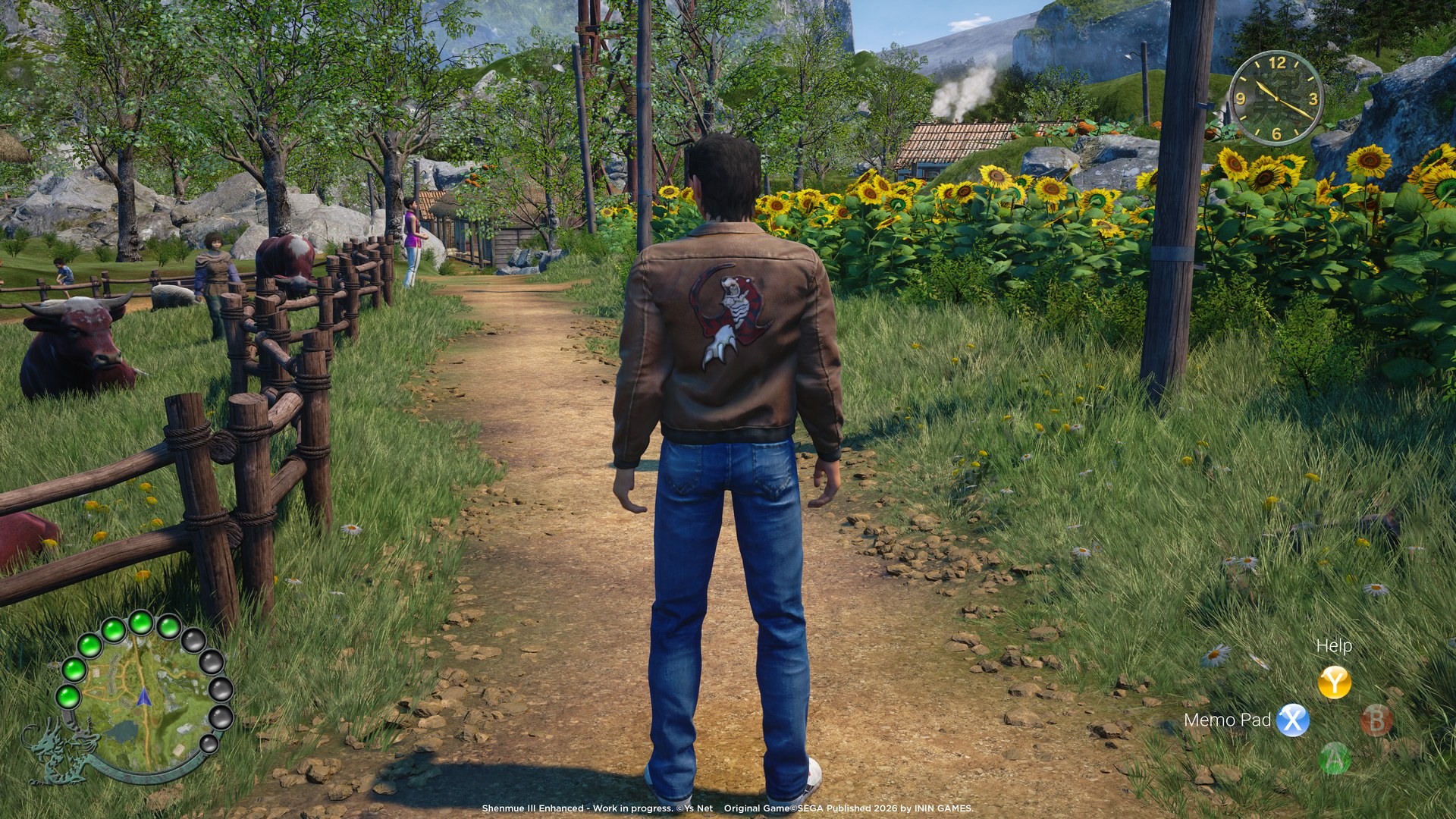 Ryo Hazuki walks a dirt path past a field of sunflowers in Shenmue III Enhanced