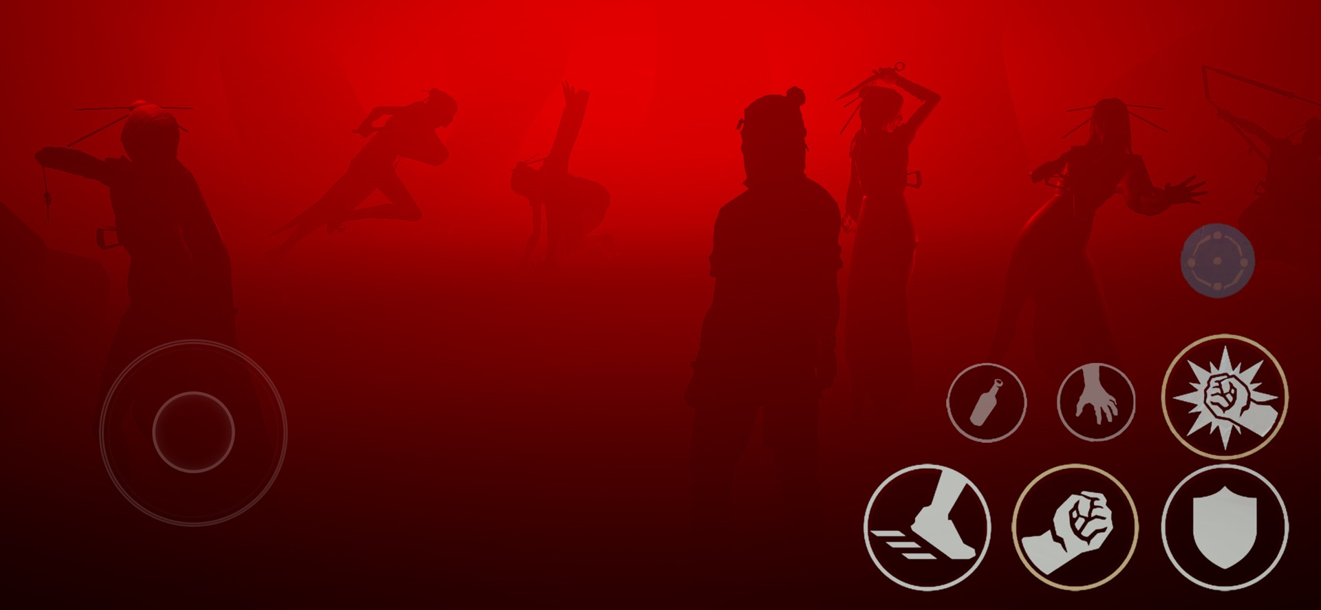 Sifu mobile screenshot with the on-screen joystick and attack buttons over a red-lit silhouette fight