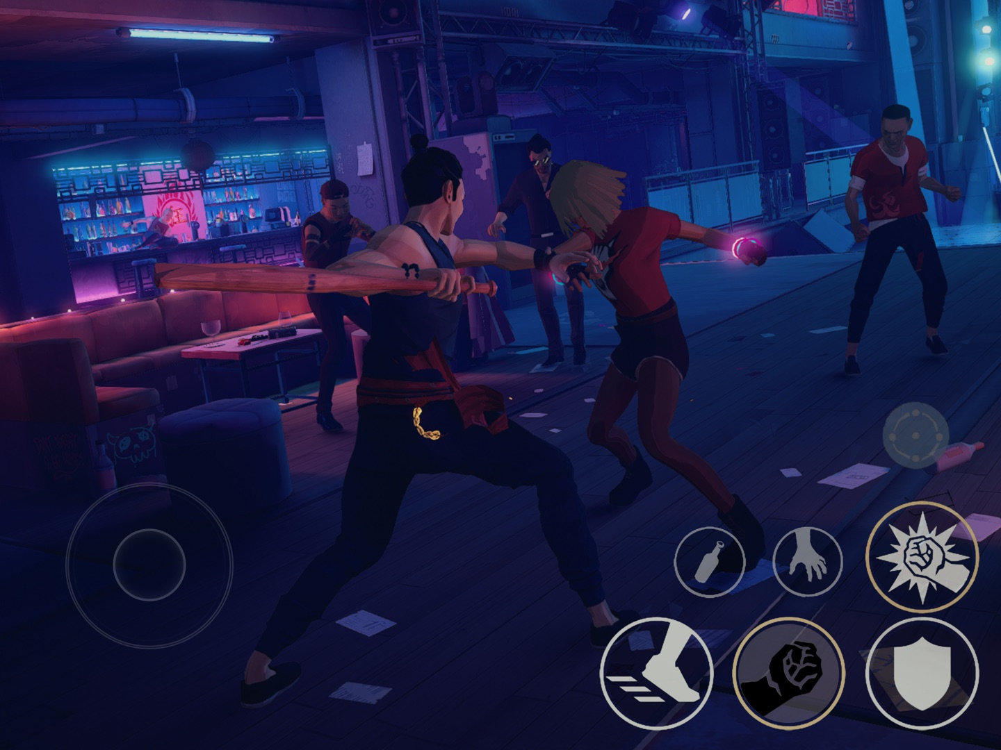 Sifu mobile touch controls over a crowded nightclub fight with neon lights
