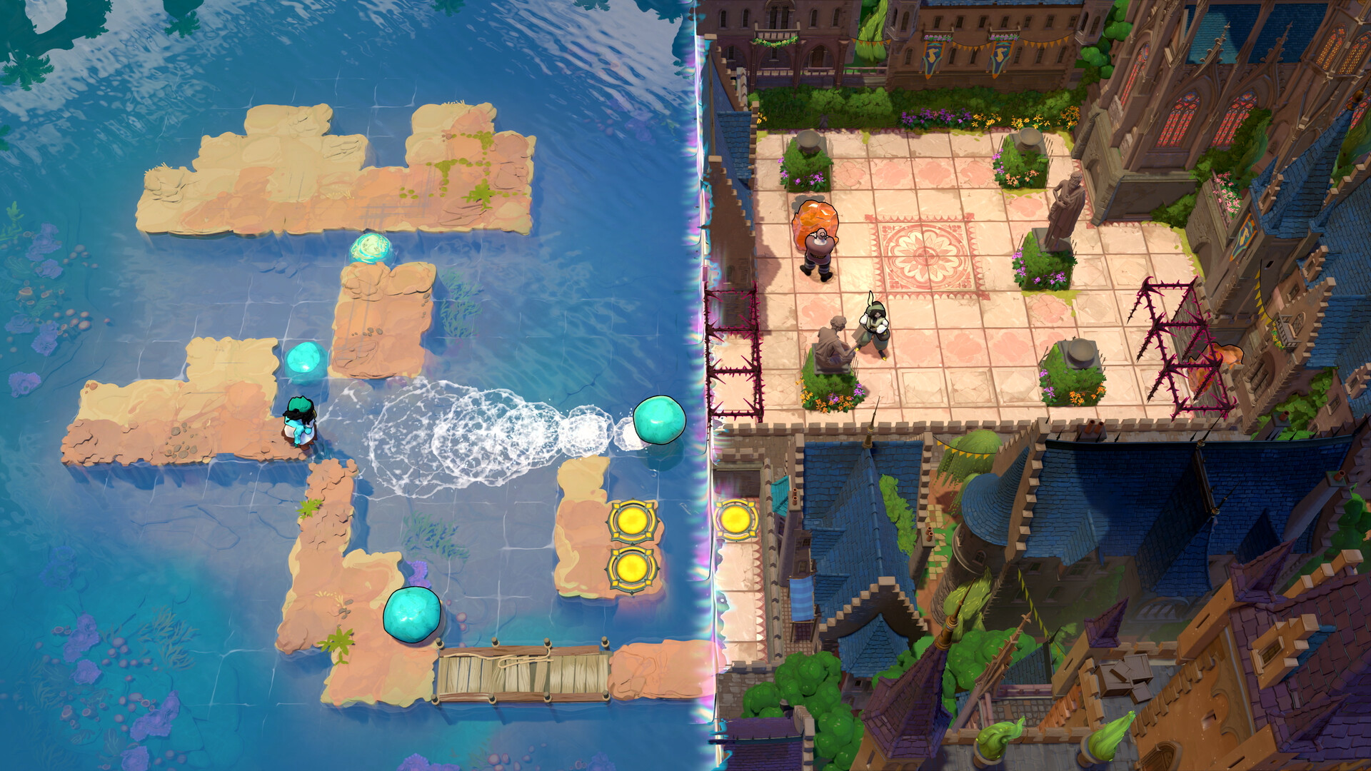 A water level in Order of the Sinking Star with sandy block platforms and glowing orbs, next to a castle courtyard puzzle
