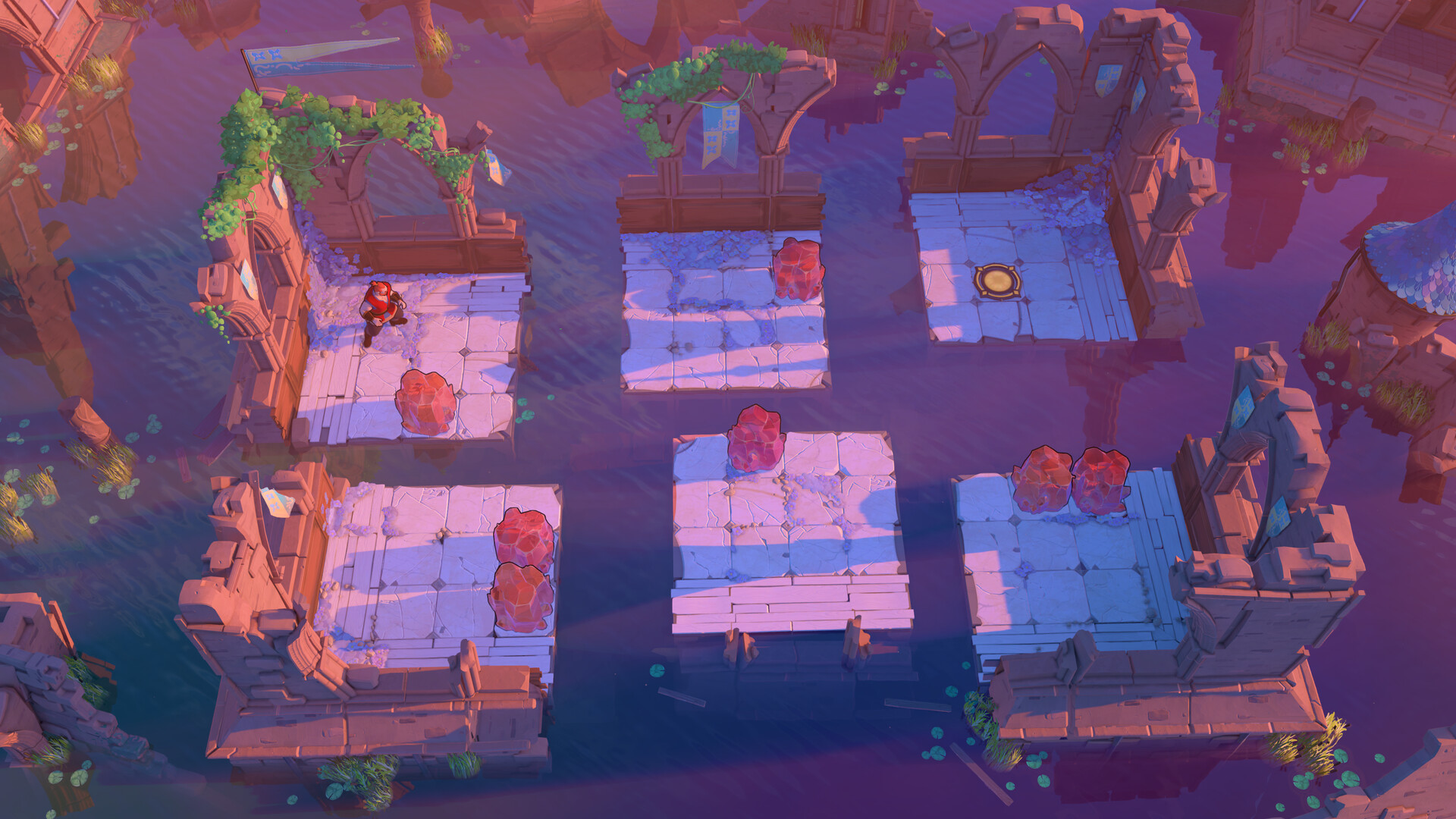 A grid of floating stone puzzle rooms with red blocks over dark water in Order of the Sinking Star