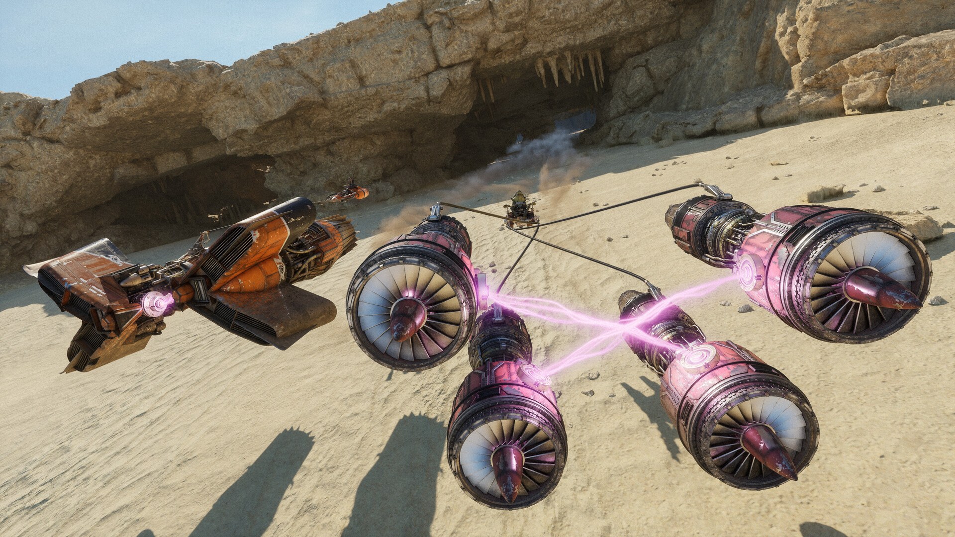 Two podracers speed across a sandy canyon in Star Wars: Galactic Racer