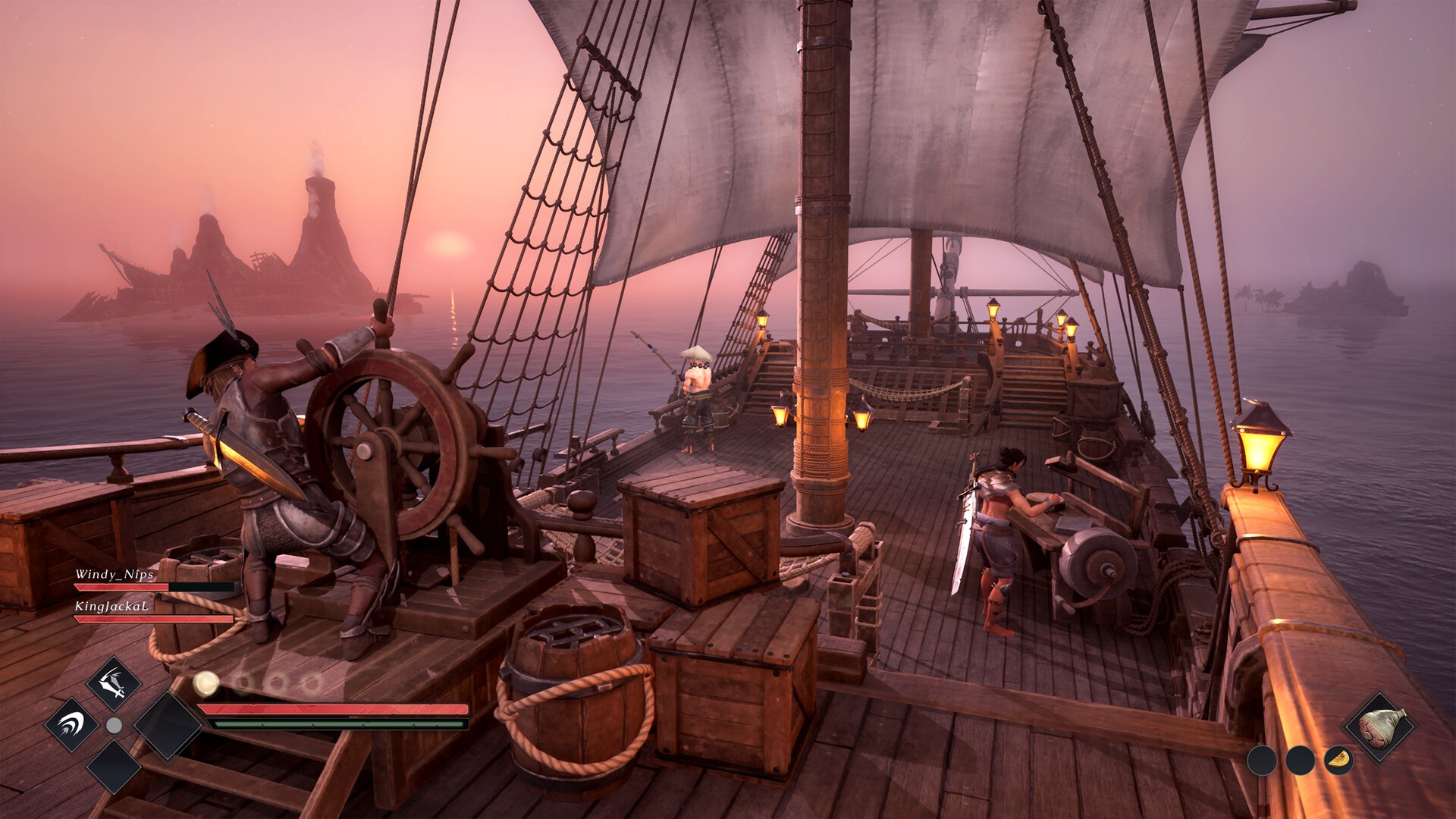 Pirates crew a sailing ship at sunset in Keelblade