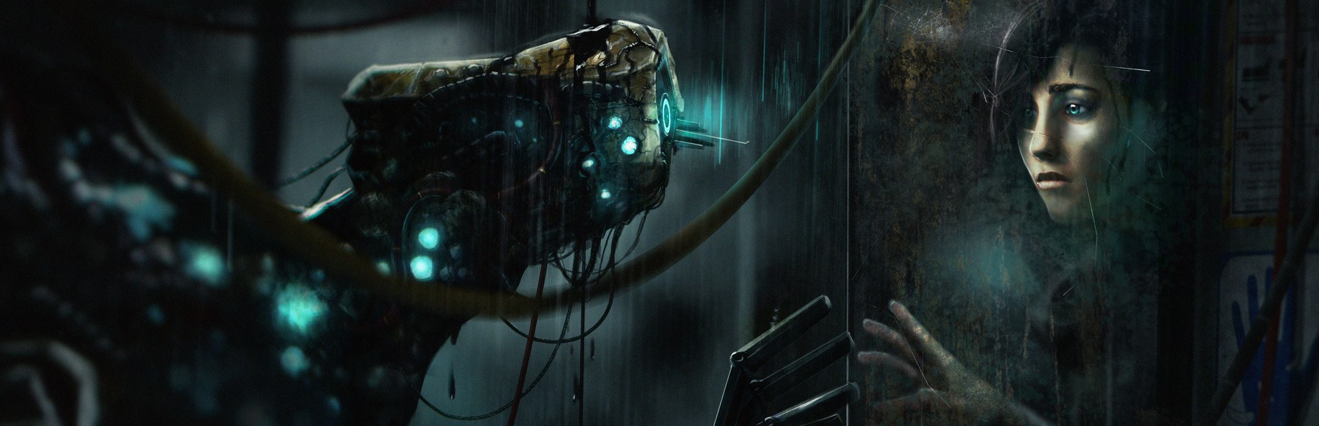 SOMA art of a woman looking through a window at a robot covered in cables