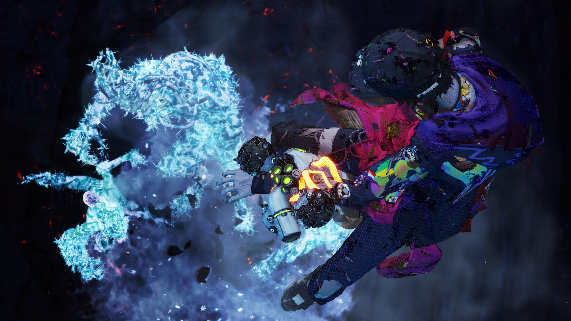 Davy lunges through a burst of ice crystals in a dark dungeon in Stupid Never Dies
