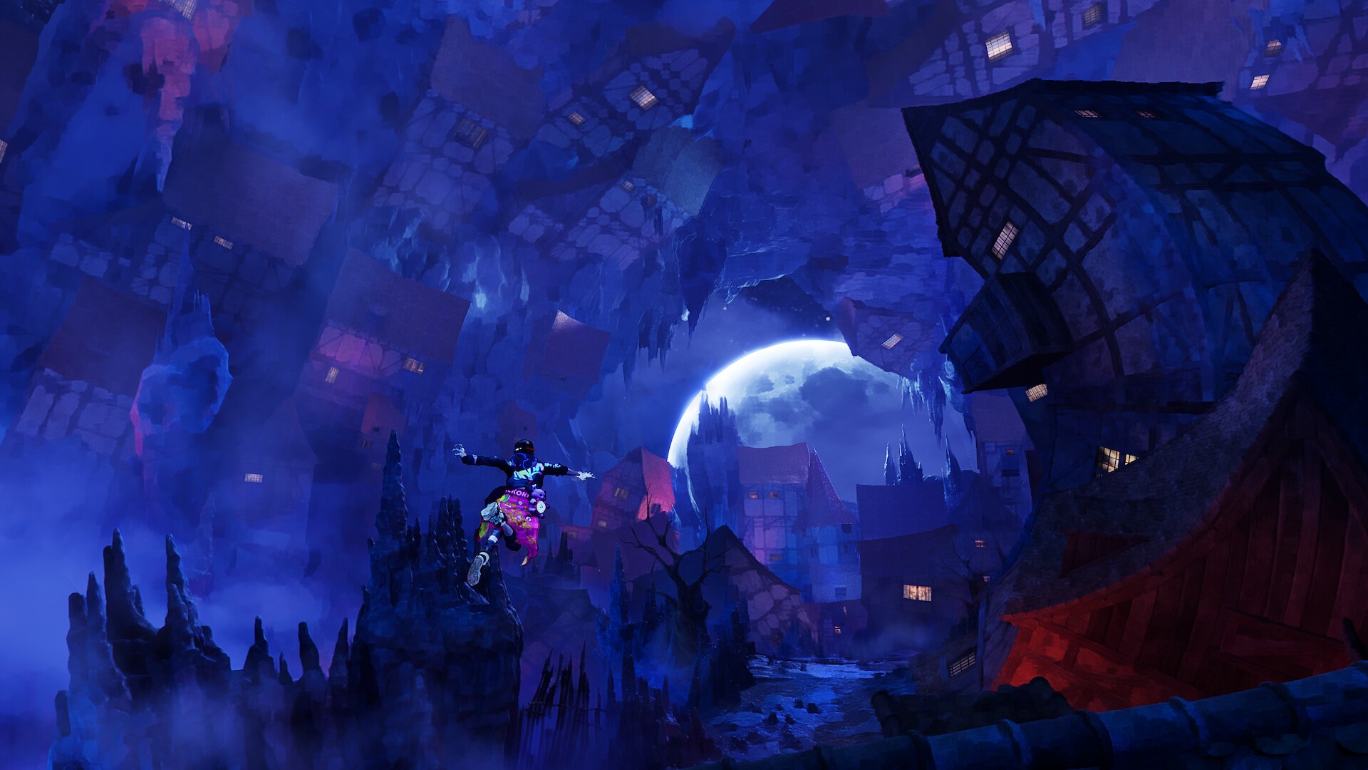 Davy leaps between rock spires beneath a huge moon over a dark fantasy city in Stupid Never Dies