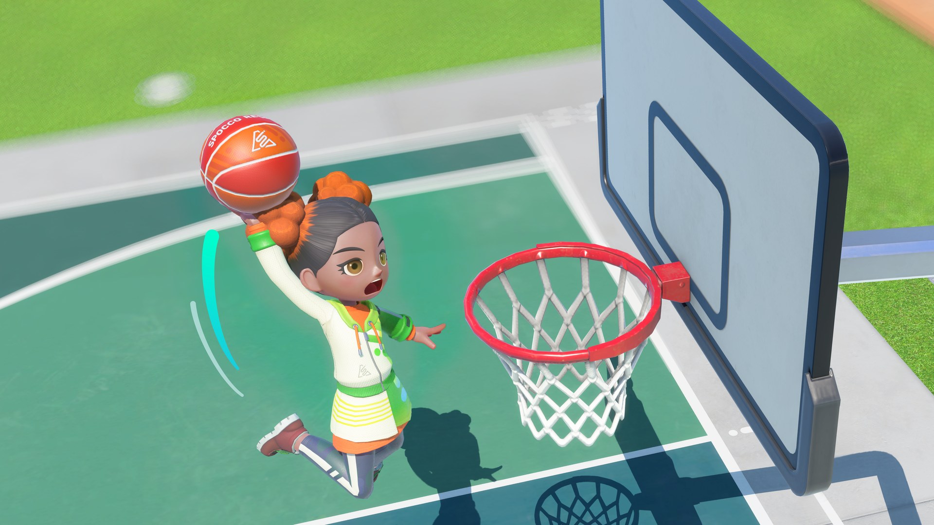 A Sportsmate dunking a basketball in Nintendo Switch Sports Resort