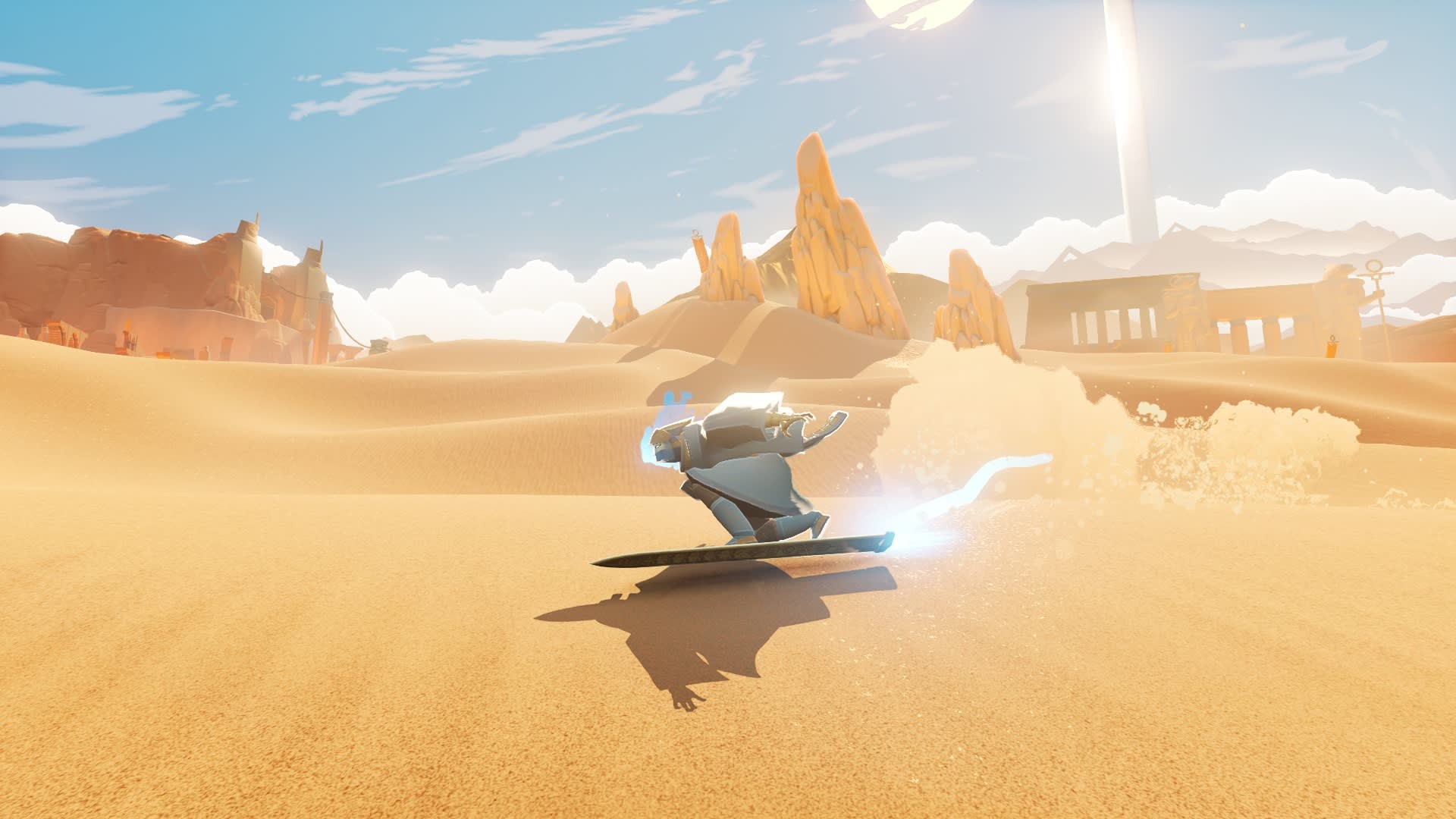 The Wraith rides the Hoversword across golden sand dunes toward ancient ruins