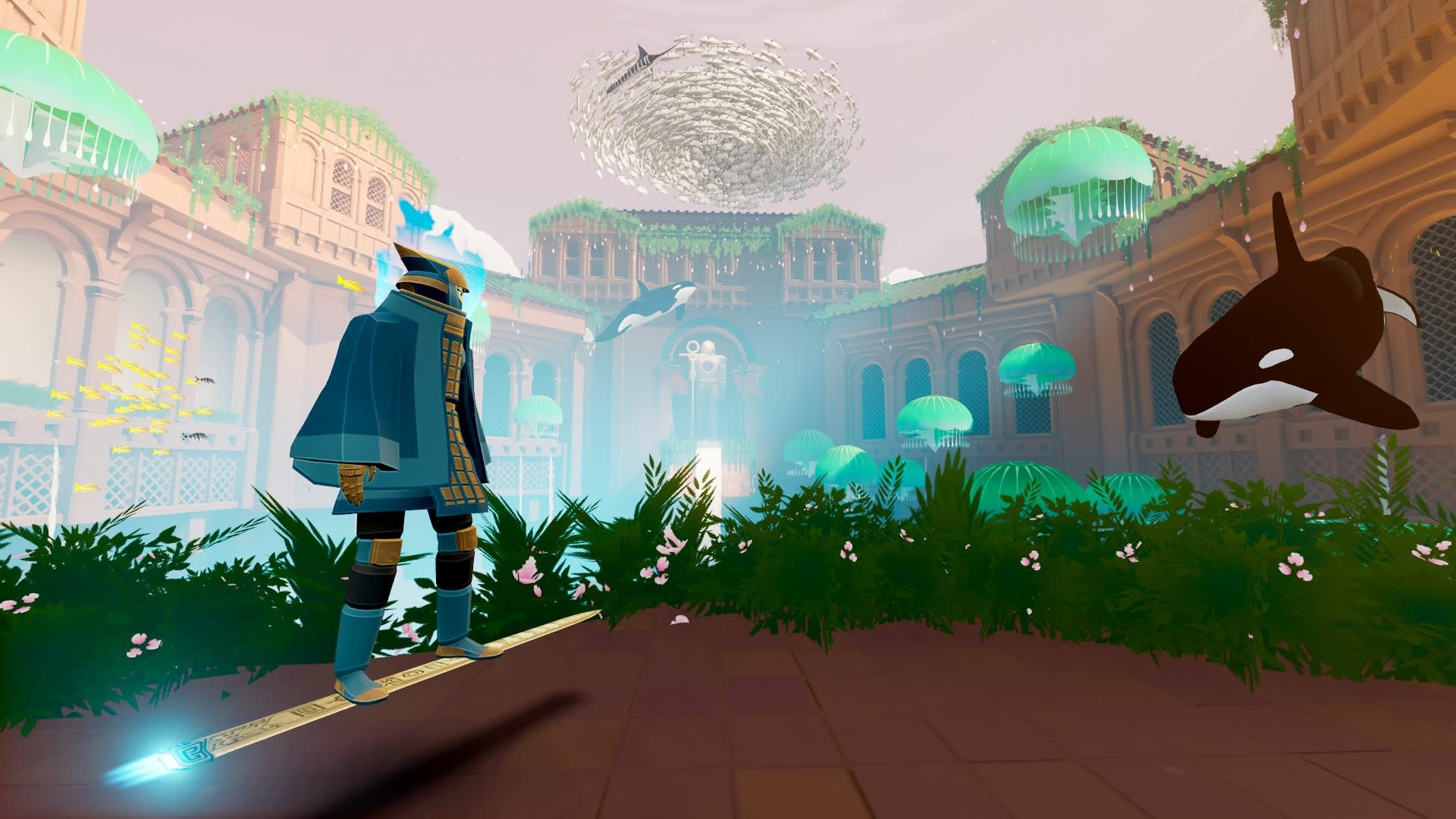 The Wraith stands in an overgrown courtyard while an orca swims through the air above