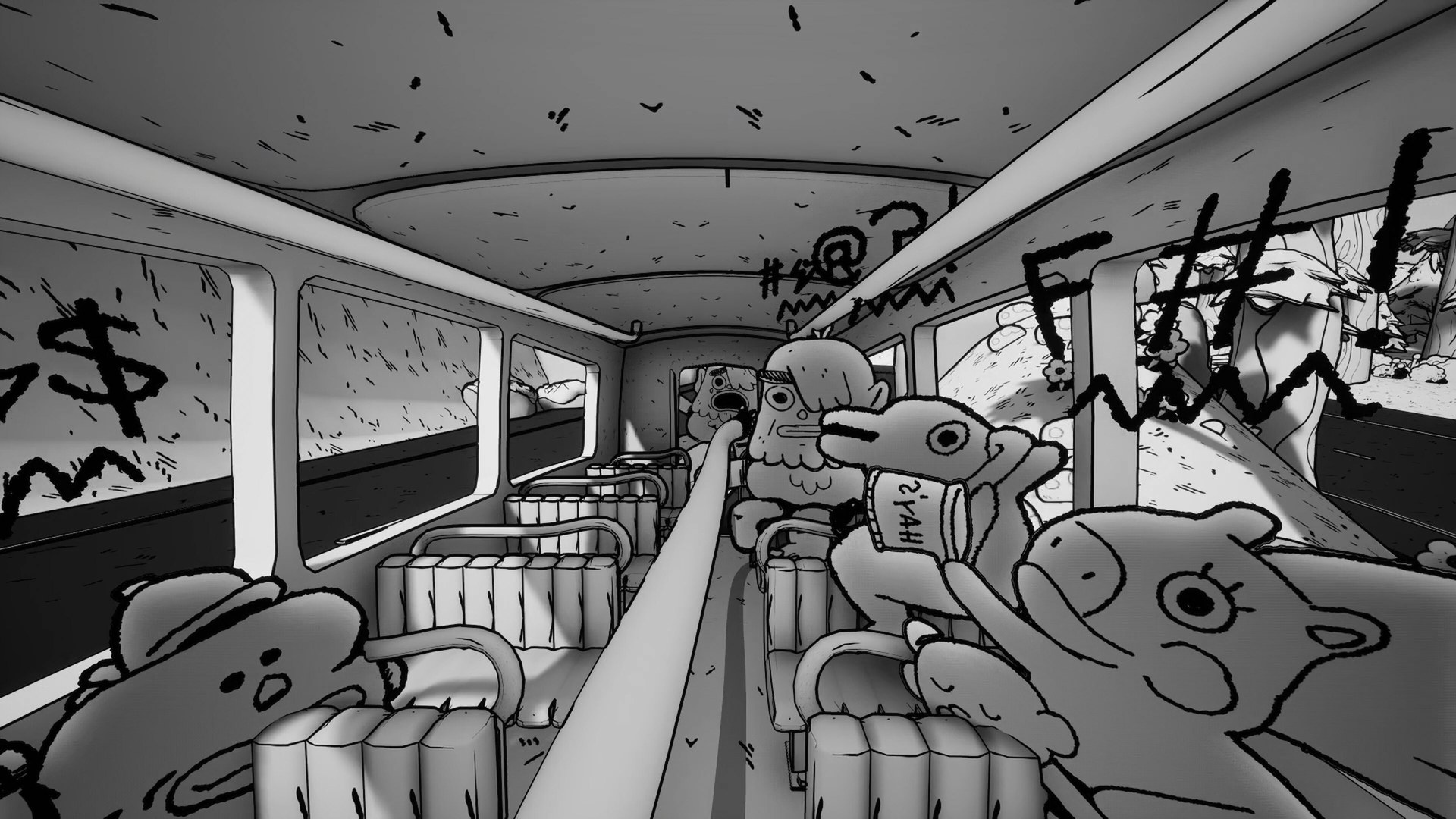 Rowdy passengers crowd the bus aisle as scribbled curses fill the air in Thank You Bus Driver