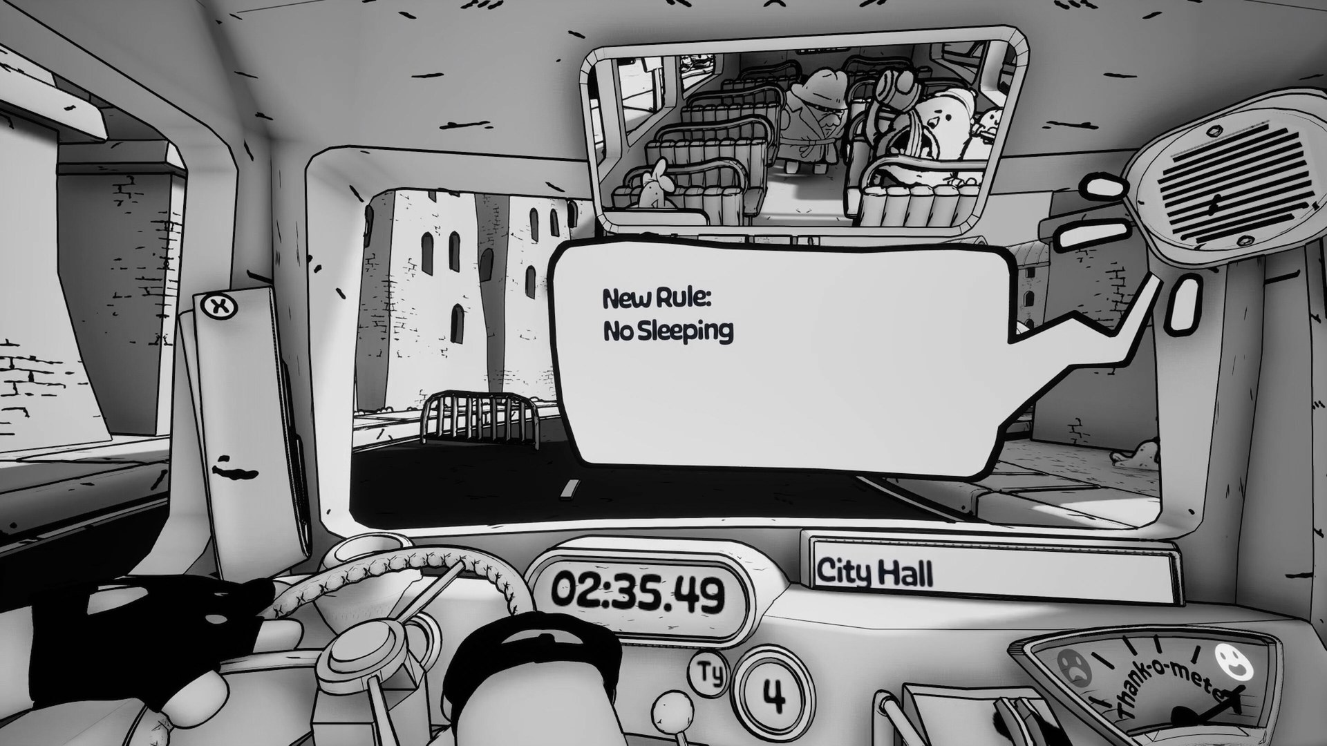 A new rule reading No Sleeping pops up on the windshield in Thank You Bus Driver