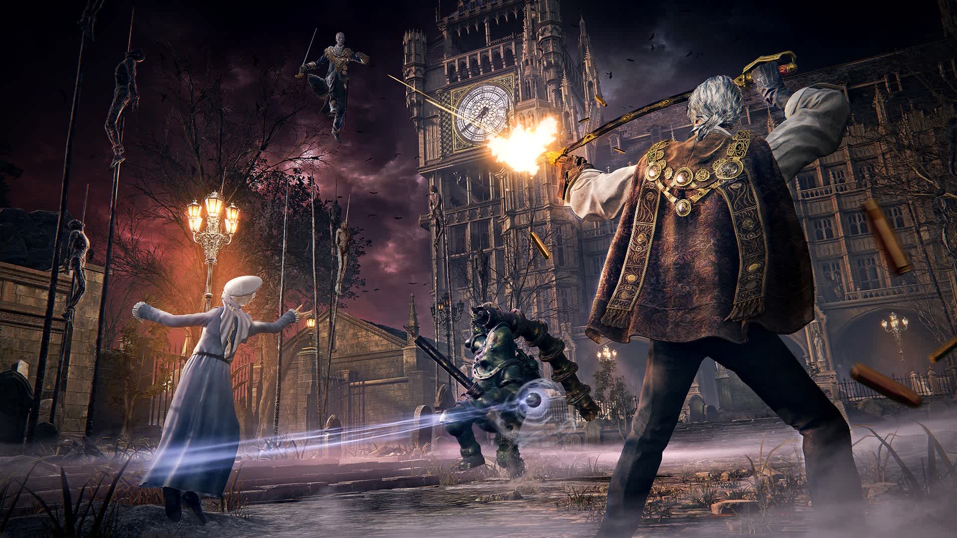 Several Bloodsworn clash in a lamplit street beneath a clock tower in The Duskbloods