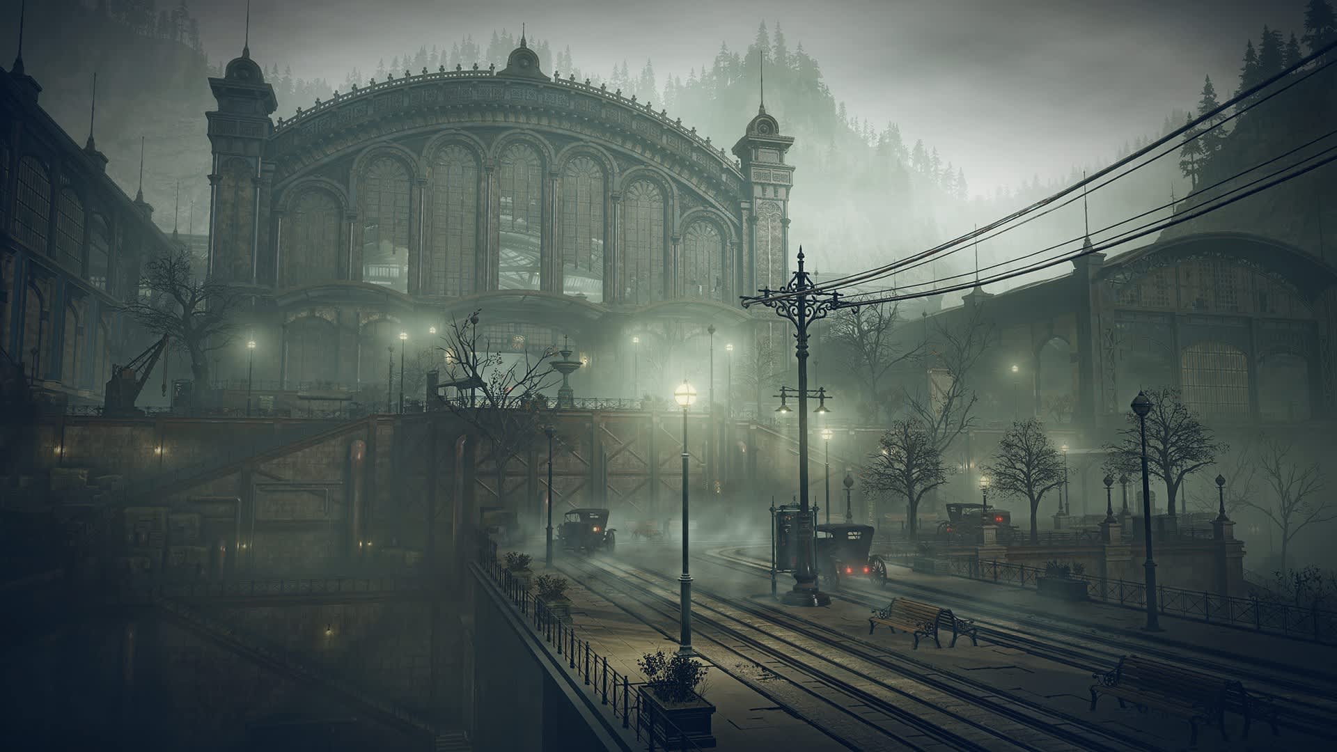 A foggy Victorian rail station at night in The Duskbloods