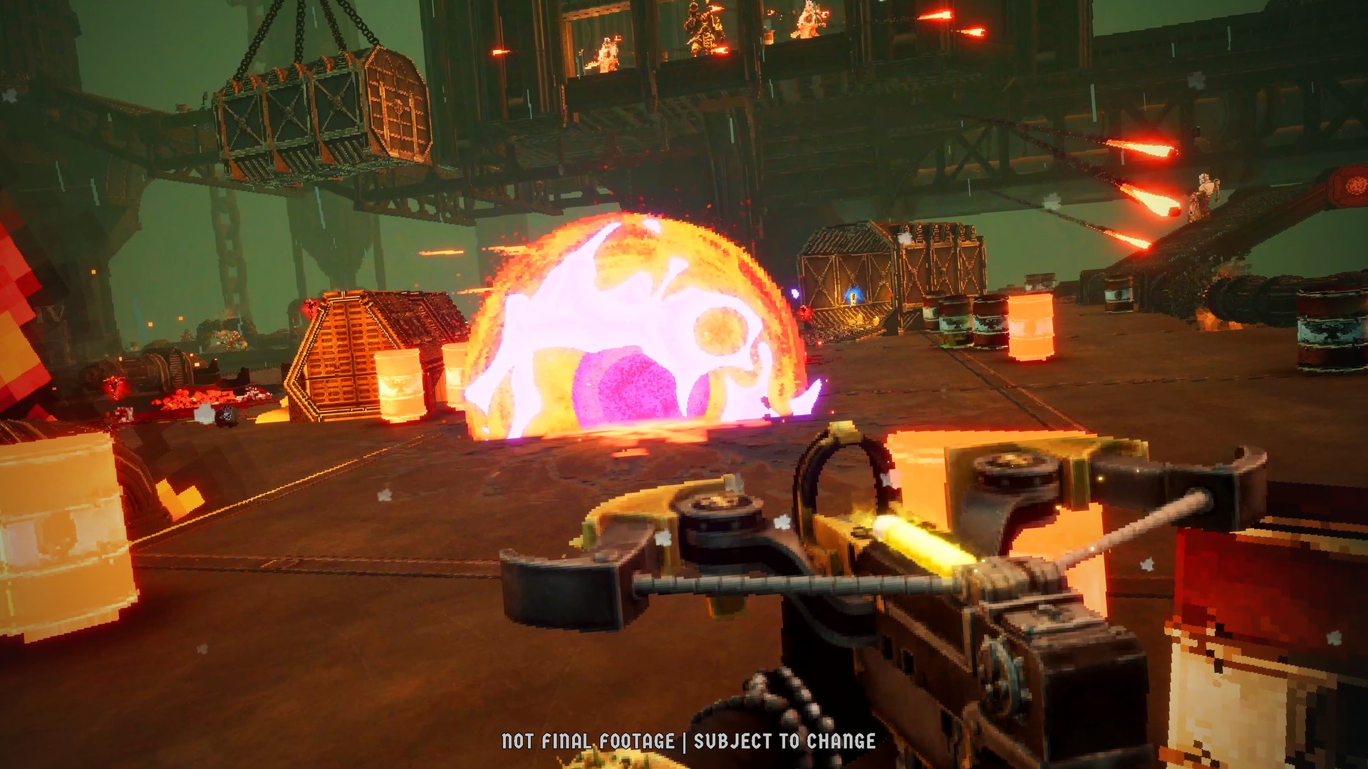 First-person Boltgun 2 screenshot of Sister Nyra's weapon in an industrial hall