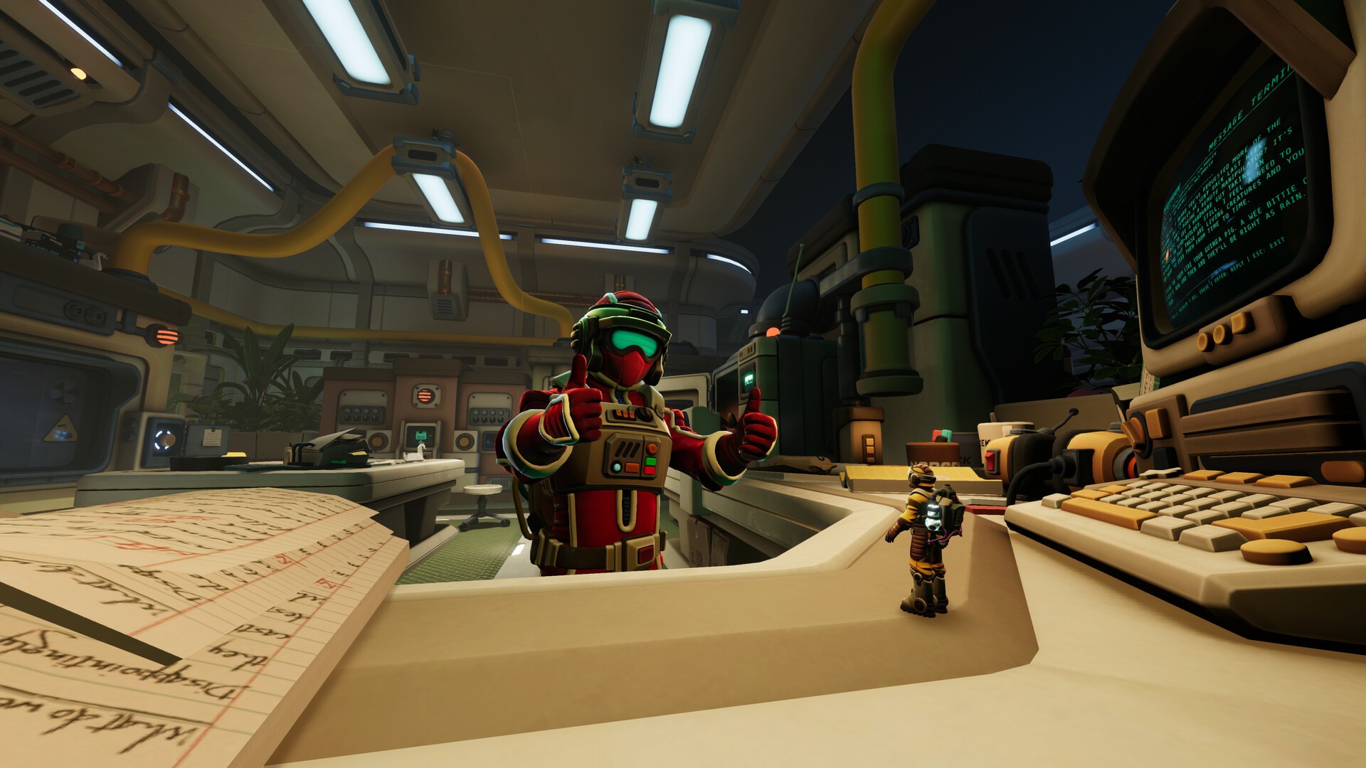 An explorer in red gives a thumbs-up in a retro-futuristic control room while a tiny second explorer stands on the desk in We Were Here Tomorrow