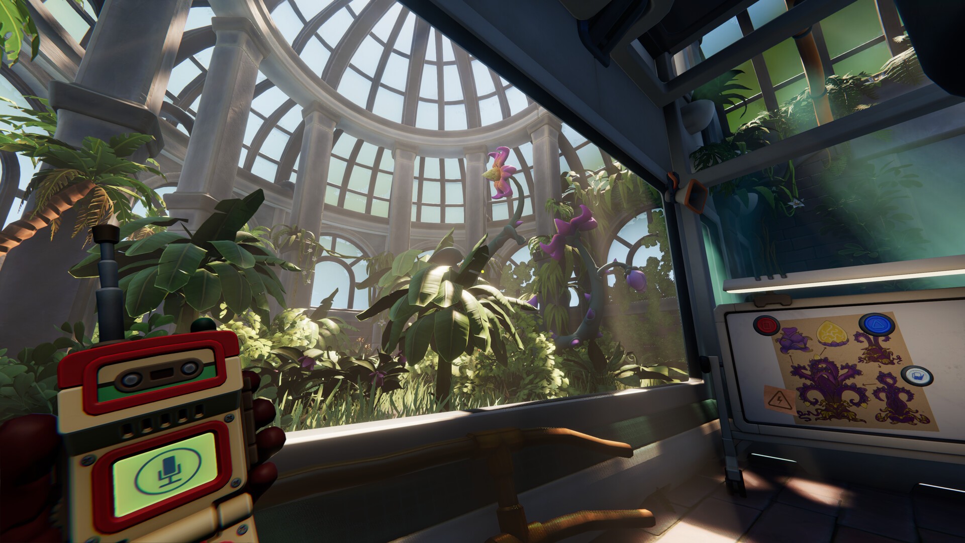 A player holds a walkie-talkie inside a glass-domed greenhouse full of plants in We Were Here Tomorrow