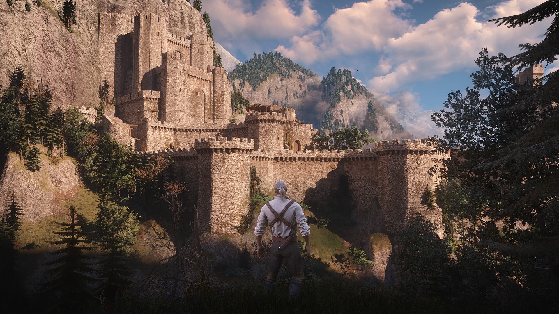 Geralt rides toward a sunlit hilltop castle in The Witcher 3: Wild Hunt Remastered