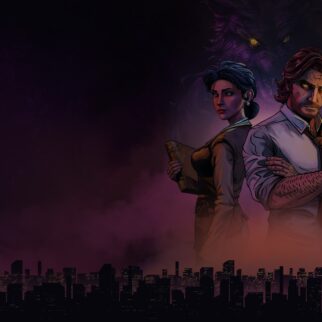Bigby Wolf and a woman stand over a city skyline with a large werewolf looming behind them in The Wolf Among Us Remastered.