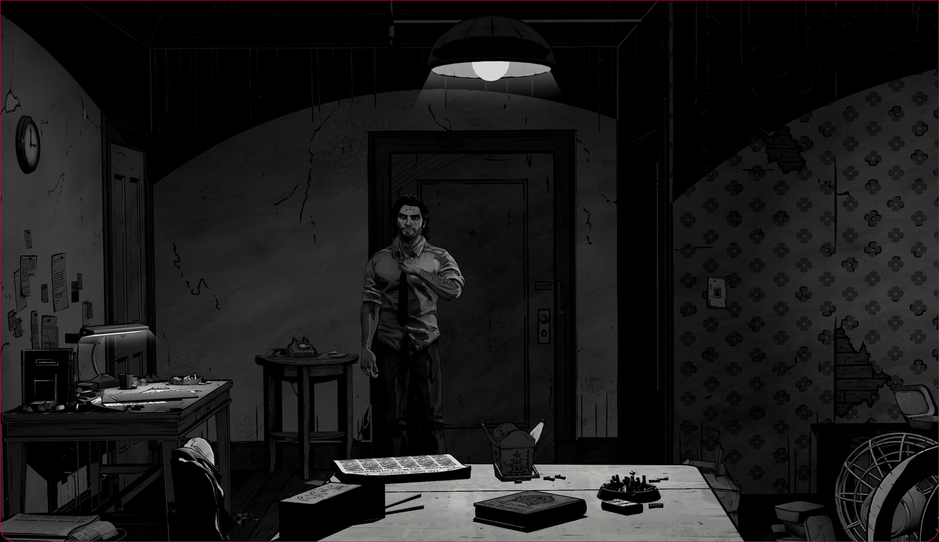 Bigby Wolf in his apartment in The Wolf Among Us Remastered's black-and-white Noir Mode
