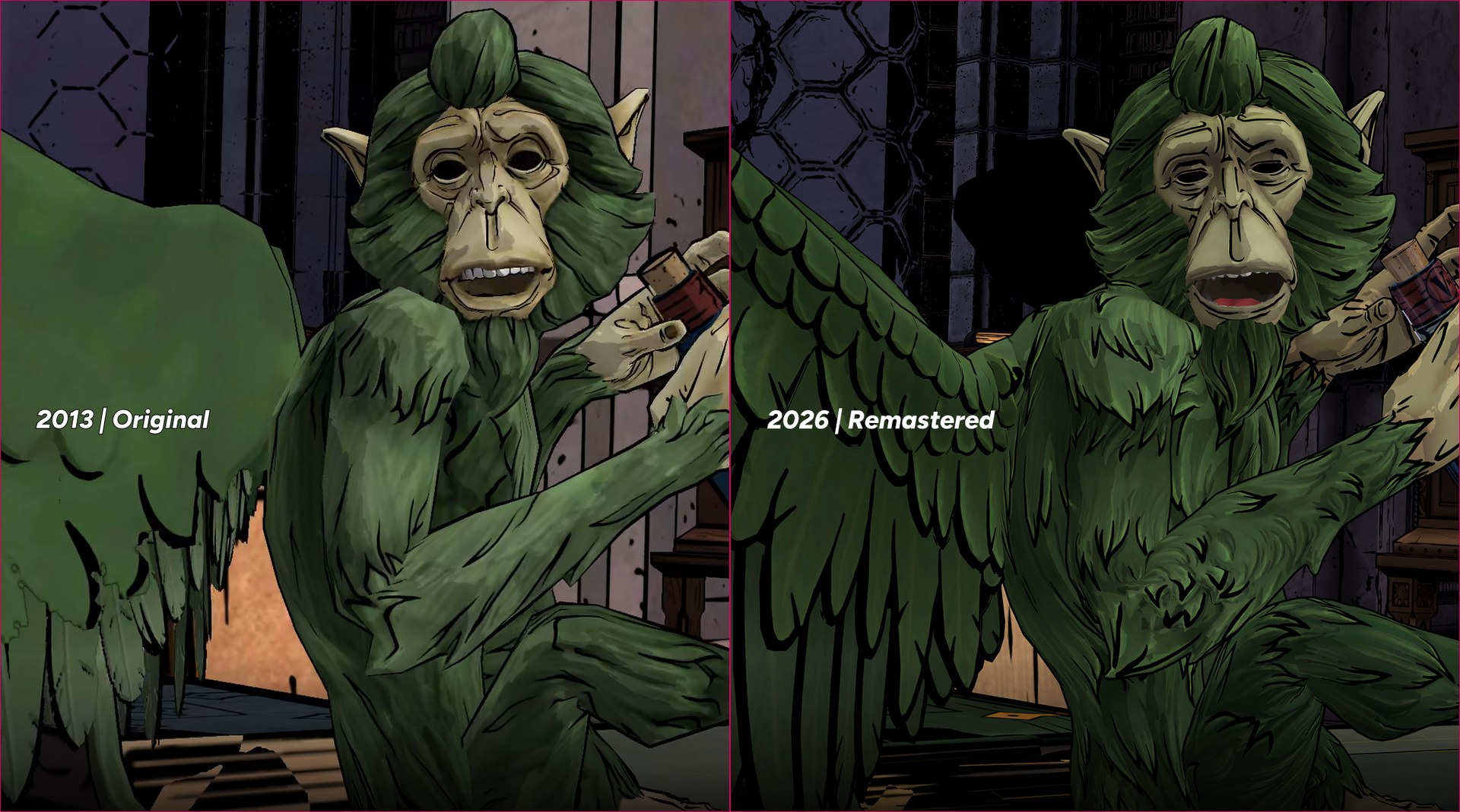 The Wolf Among Us original from 2013 next to The Wolf Among Us Remastered, showing a sharper Bufkin