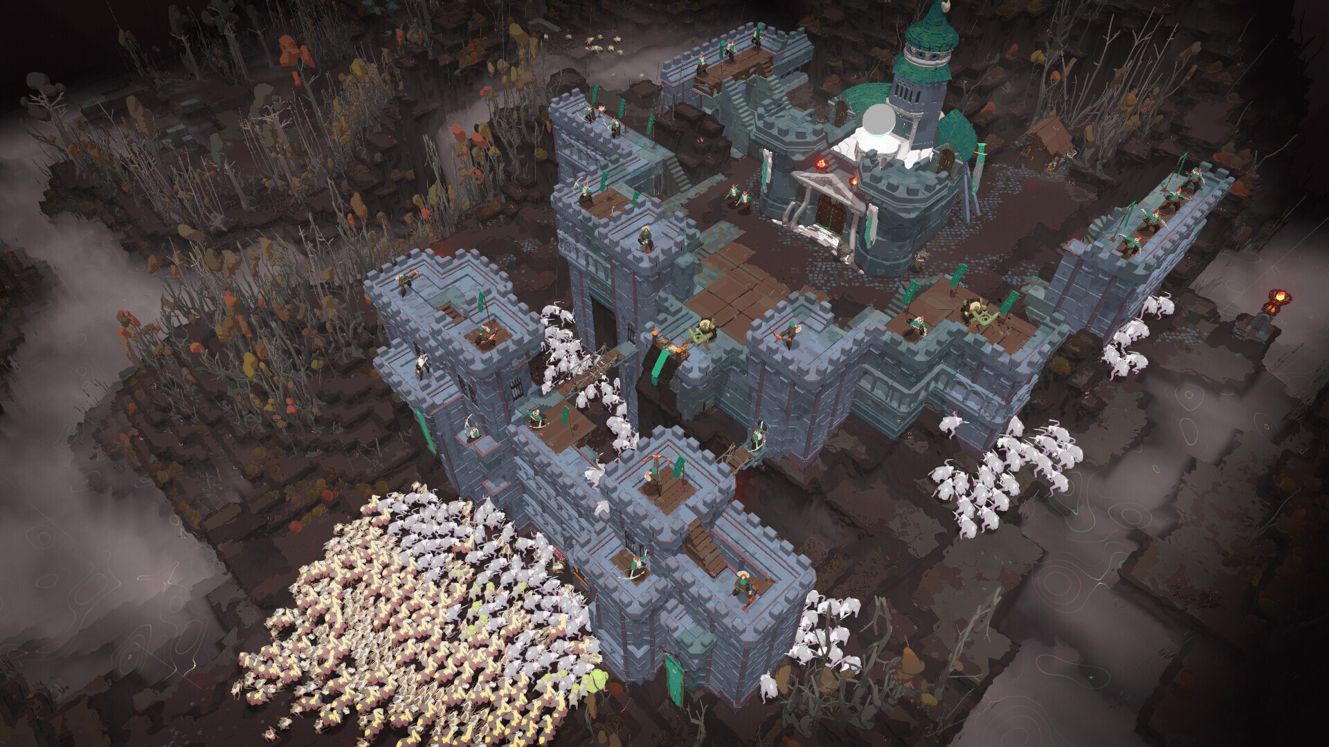 Stone fortress walls in Cataclismo hold back a pale horde at night