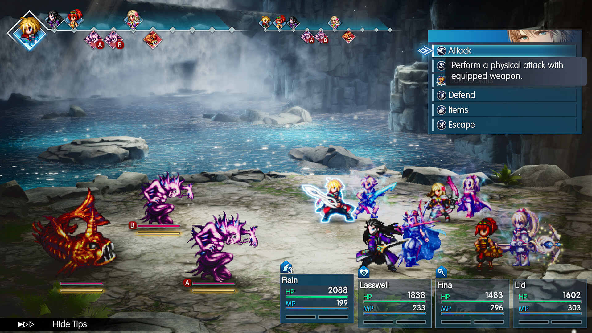 A turn-based battle against monsters beside a misty lake in Final Fantasy Resonance