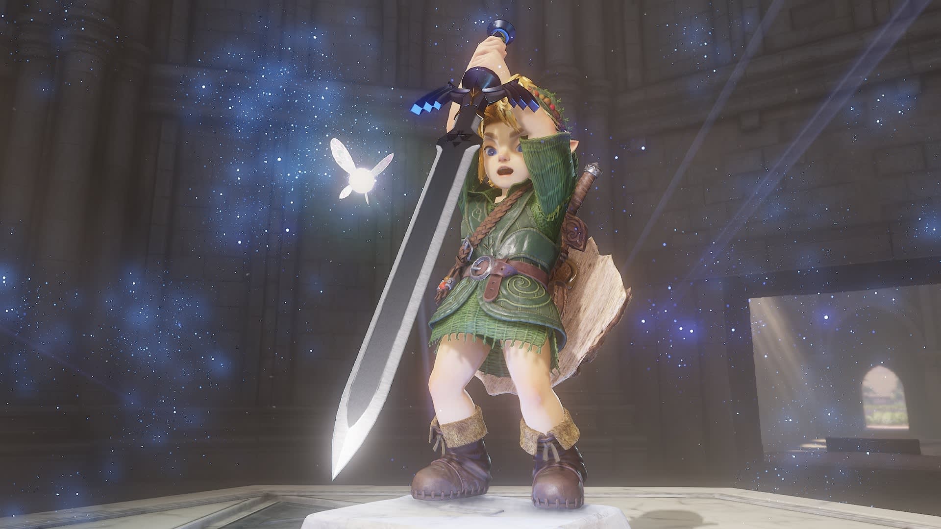 Young Link raising the Master Sword with Navi beside him in Ocarina of Time on Switch 2