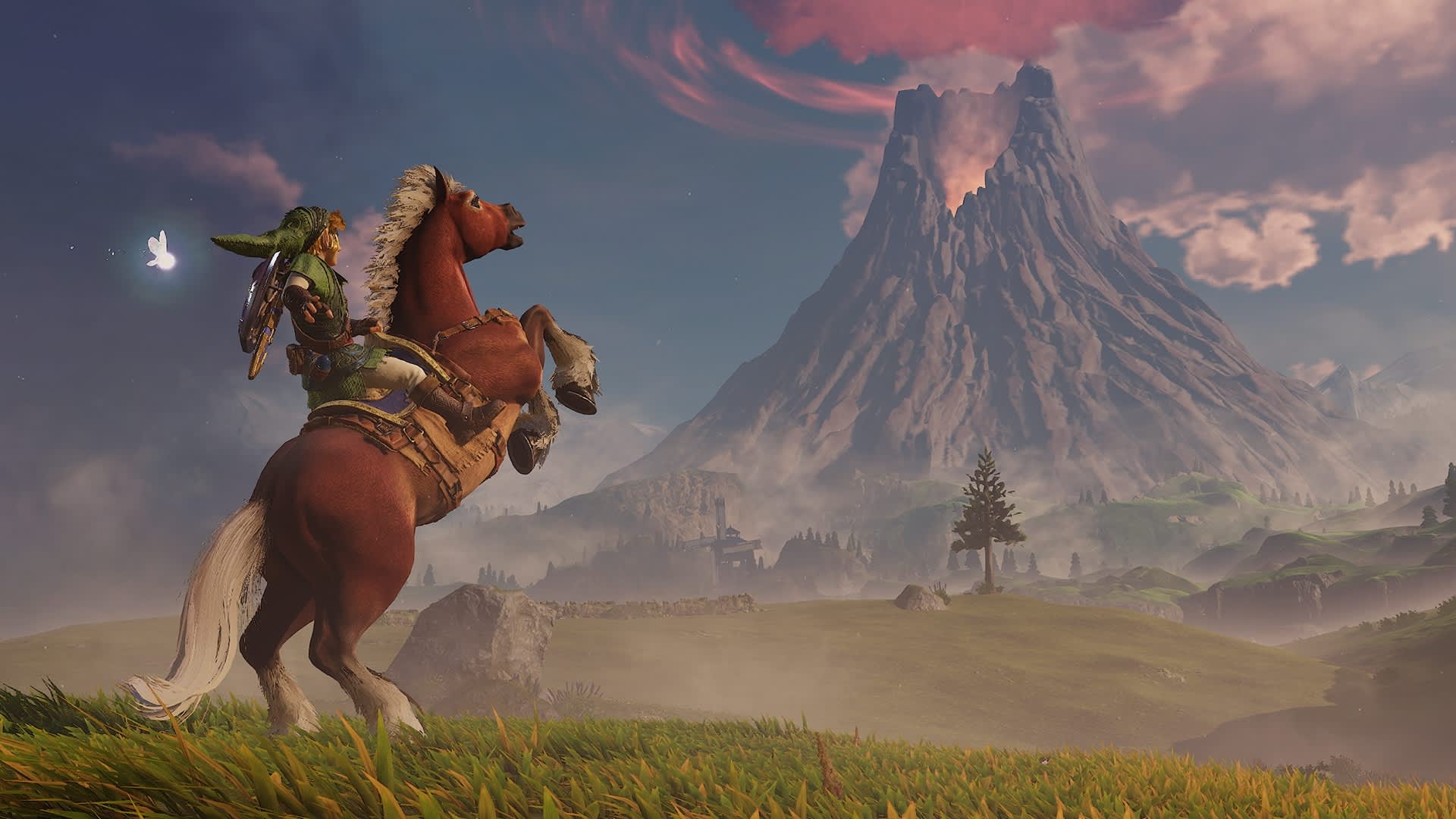 Ocarina of Time Switch 2 store screenshot of Link riding Epona toward Death Mountain