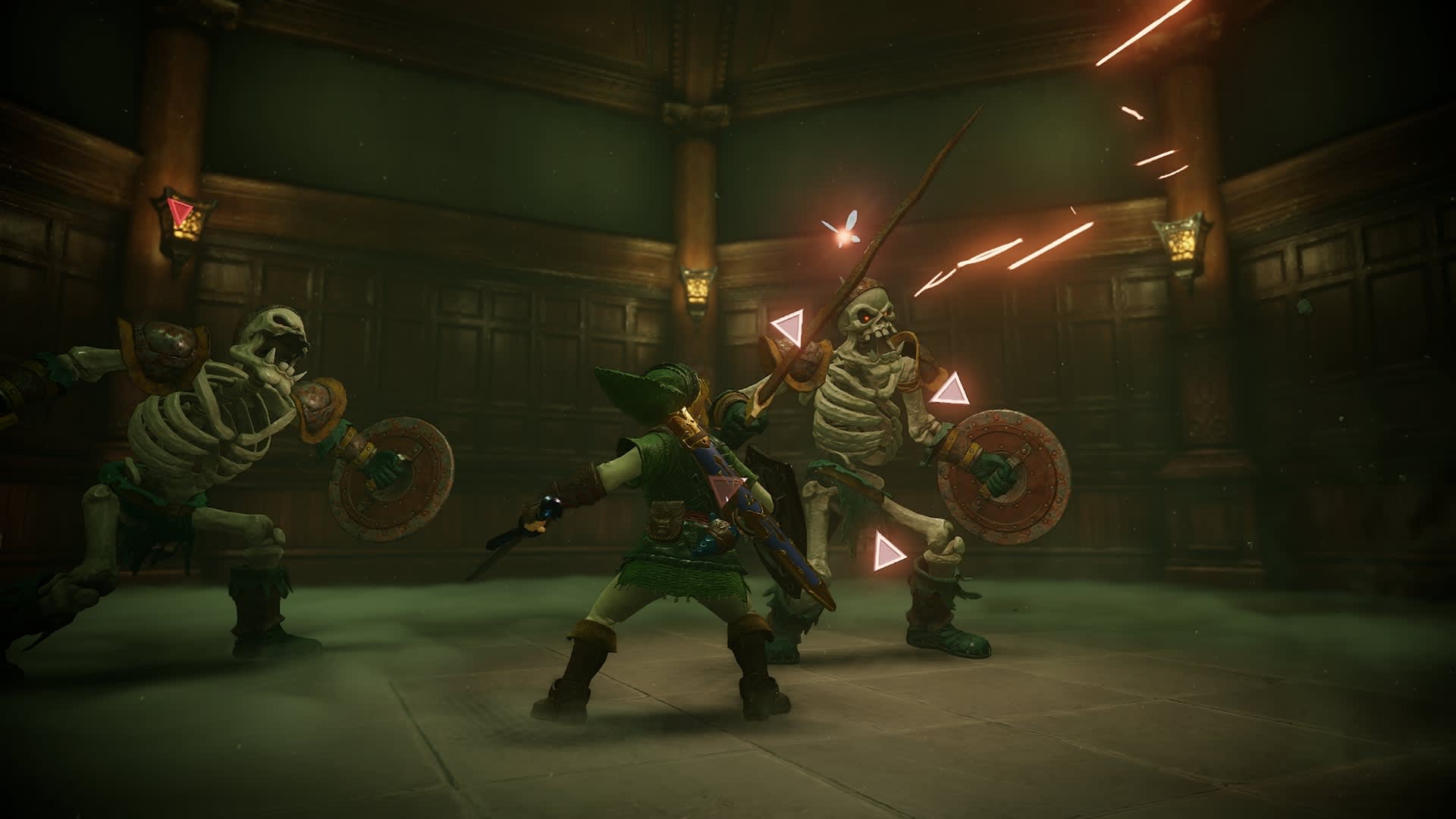 Ocarina of Time Switch 2 screenshot of Link locked on to two Stalfos in a dark chamber