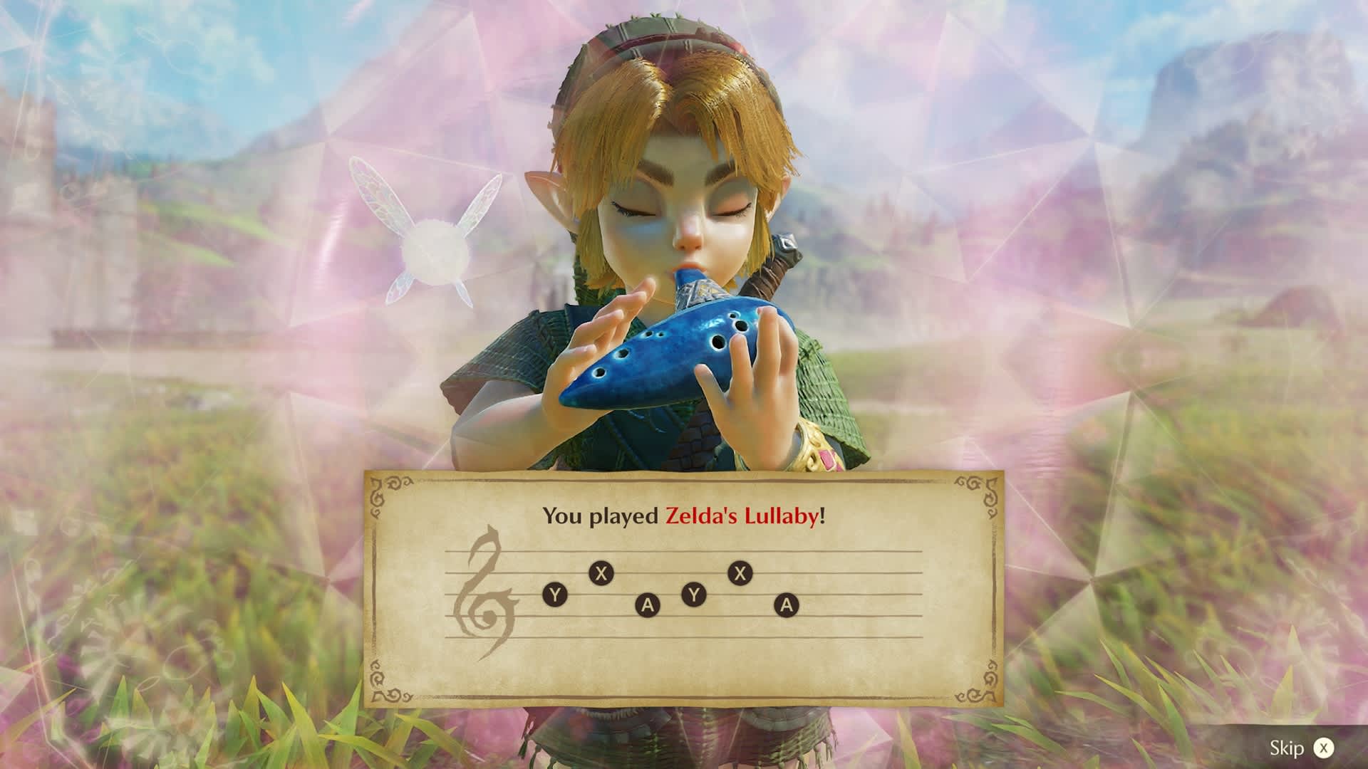Ocarina of Time Switch 2 screenshot of Link playing Zelda's Lullaby on the ocarina