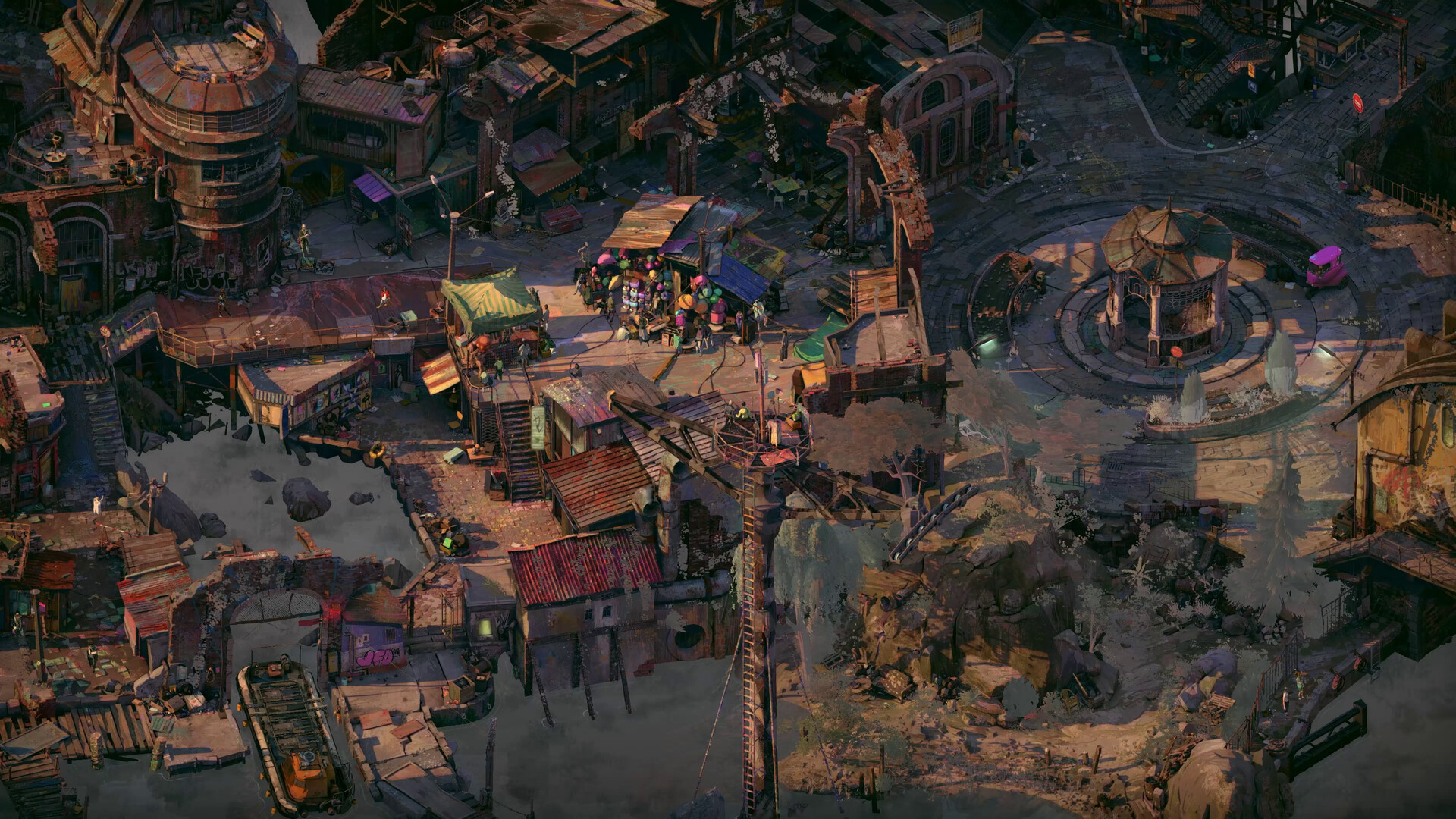 An overhead view of a crowded market district in the city of Zero Parades