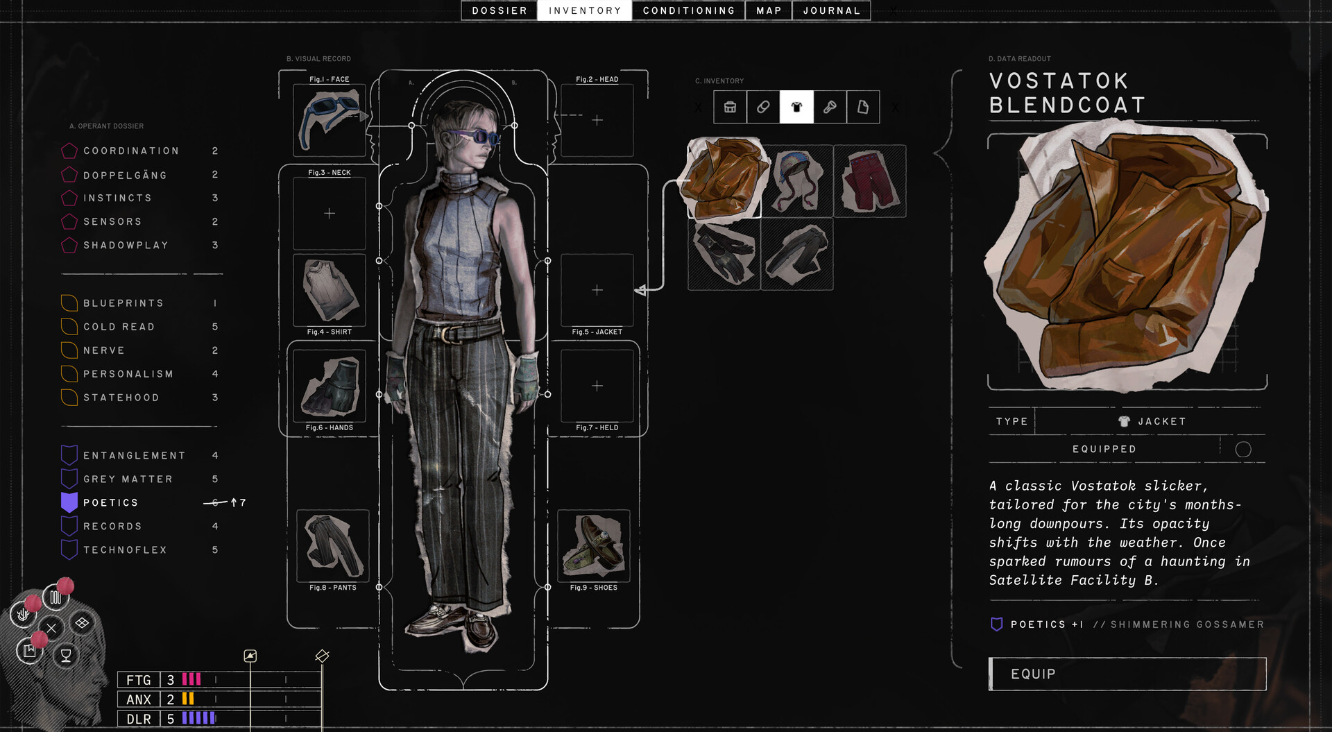 The Zero Parades inventory screen with outfit slots and a Vostatok Blendcoat selected