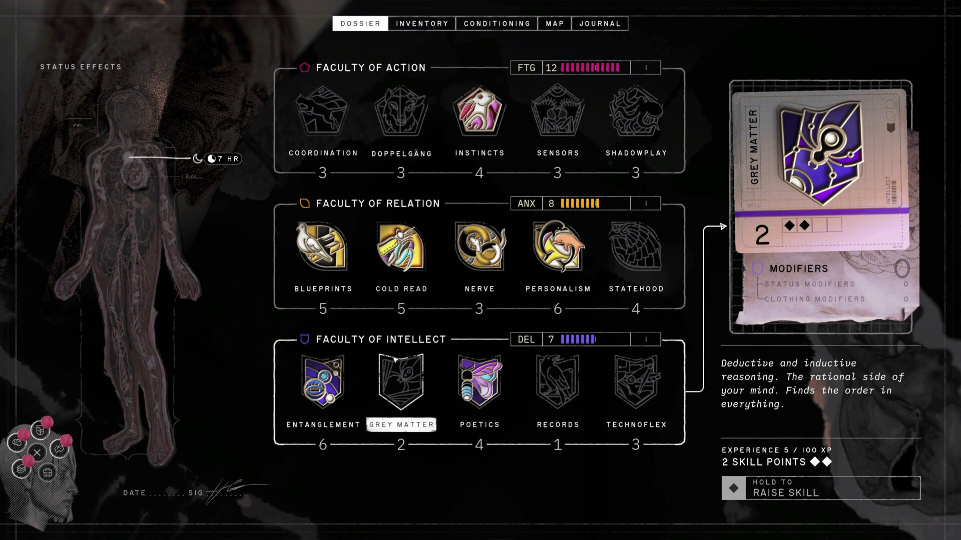 The skills and attributes screen in Zero Parades